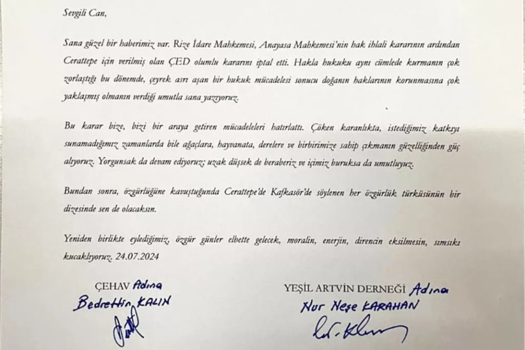 Yeşil Artvin Derneği'nden Can Atalay’a Mektup